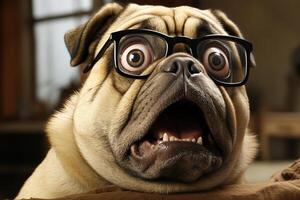 ai généré intelligent et captivant. surpris carlin dans lunettes, un adorable canin avec espace pour Douane texte photo