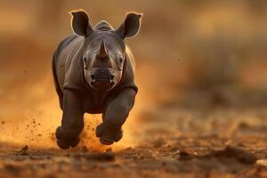 ai généré bébé rhinocéros fonctionnement à travers le savane safari.génératif ai photo