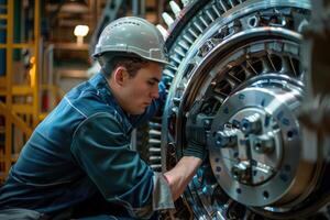 ai généré technicien est Faire entretien vent énergie moteur photo