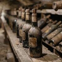 ai généré une sélectif concentrer image de une rangée de couvert de poussière, ancien du vin bouteilles dans une vaguement allumé du vin cave, montrant le passage de temps et le art de du vin vieillissement. photo