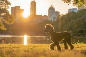 ai généré une la norme caniche dans plein spectacle réduire caracoler par une parc à coucher de soleil, exsudant élégance et la grâce. photo