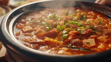 ai généré traditionnel coréen aliments. bol de chaud épicé Kimchi jjigae. généré par artificiel intelligence. photo