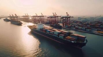 ai généré port de mer avec cargaison navires étant chargé et déchargé, grues levage conteneurs, photo