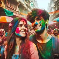 ai généré Holi Festival fête coloré de chyoung Indien couple, profiter à le Holi Festival photo