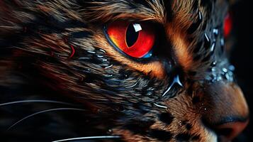 ai généré chat noir fourrure avec rouge œil regarder intensément fermer photo