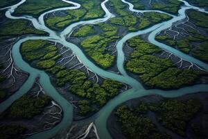 ai généré aérien vue de enroulement rivière delta formant complexe cours d'eau. génératif ai photo