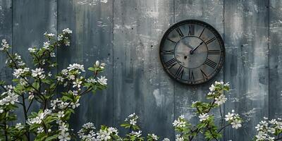 ai généré ancien l'horloge avec romain numéral. mur cadran dialectique sur blanc brique mur dans le appartement, photo