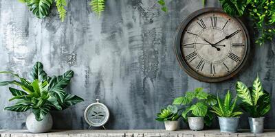 ai généré ancien l'horloge avec romain numéral. mur cadran dialectique sur blanc brique mur dans le appartement, photo