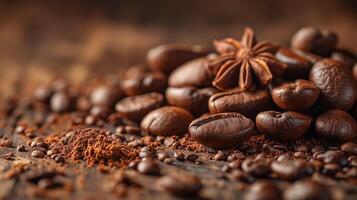 ai généré café des haricots et étoile anis, café infusé avec aromatiques. photo