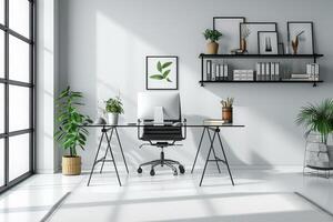 ai généré une minimaliste moderne Bureau espace avec une plateau en verre bureau photo