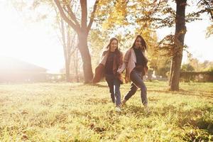 Jeunes belles filles jumelles brunes marchant ensemble et se tenant la main, tout en regardant droit dans un parc ensoleillé d'automne sur fond flou photo