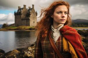 ai généré vêtu de tartan Écossais femme jupe Écossais château. produire ai photo