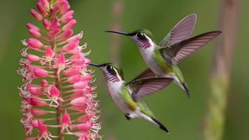 ai généré deux blanc à queue étoile de la colline colibris alimentation sur rose fleur photo