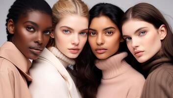 ai généré diverse groupe de magnifique femmes avec différent ethnies et peau tons. concept de beauté, diversité, et inclusion dans mode et produits de beauté industrie. photo