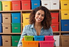 ai généré une joyeux femme organise avec coloré espace de rangement bacs, montrant un efficace et amusement approche à rangement. photo