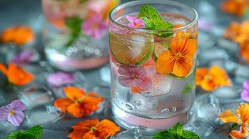 ai généré Trois le maçon pots avec limonade et fleurs photo