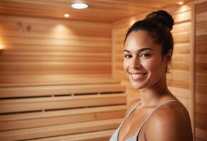 ai généré une détendu femme est assis sereinement dans une sauna. le atmosphère est calme et axé sur le bien-être. photo