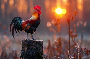 ai généré coq séance sur souche dans le Matin Soleil photo