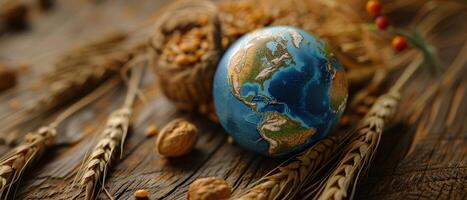 ai généré une miniature globe repose sur une en bois surface entouré par blé gerbes et céréales symbolisant global agriculture. photo