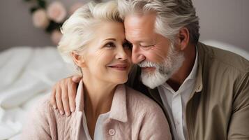 ai généré personnes âgées homme et femme étreindre adorablement, verrouillage yeux dans une sincère moment de affection photo