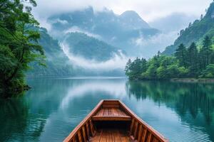 ai généré magnifique paysage de Montagne lac, vue de une ancien en bois bateau photo