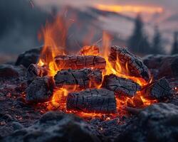 ai généré embrasé braise dans une feu de camp photo