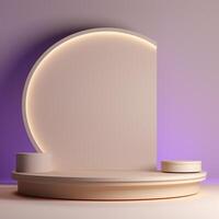 ai généré brillant violet intérieur scène avec rond piédestal et lumière de le fenêtre photo