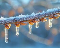 ai généré congelé glaçons pendaison de une branche photo