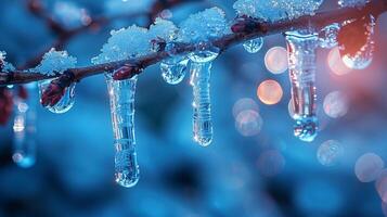 ai généré congelé glaçons pendaison de une branche photo