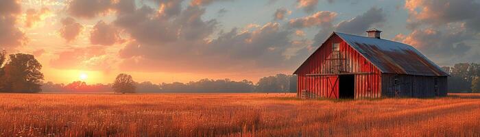 ai généré rustique Grange dans une d'or champ à le coucher du soleil photo