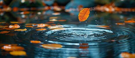 ai généré ondulations sur une serein étang surface touché par chute l'automne feuilles photo