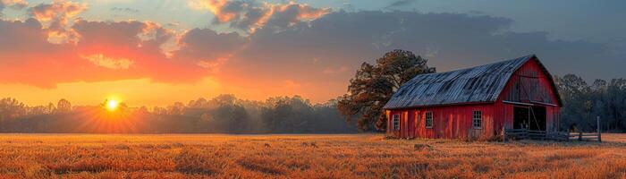 ai généré rustique Grange dans une d'or champ à le coucher du soleil photo