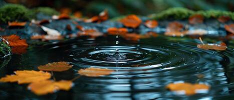 ai généré ondulations sur une serein étang surface touché par chute l'automne feuilles photo