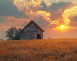 ai généré rustique Grange dans une d'or champ à le coucher du soleil photo