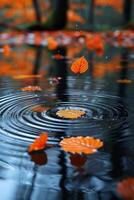 ai généré ondulations sur une serein étang surface touché par chute l'automne feuilles photo