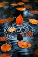 ai généré ondulations sur une serein étang surface touché par chute l'automne feuilles photo