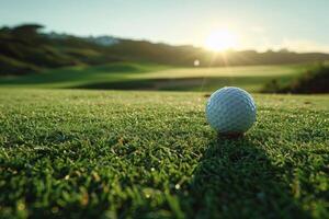 ai généré le golf Balle sur vert herbe sur flou le coucher du soleil le golf cours paysage Contexte. . génération ai photo