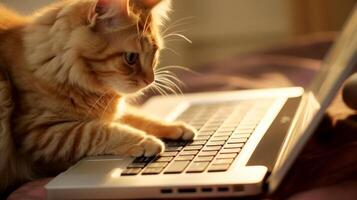 ai généré mignonne chat dans proche en haut séance avec portable. en ligne travail et scolarité. génératif ai photo