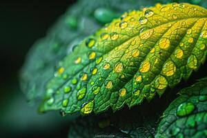 ai généré fermer de gouttes de pluie sur une vibrant vert feuille photo