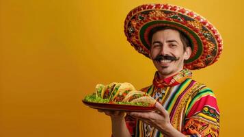 ai généré souriant mexicain homme dans sombrero en portant assiette de tacos dans mains photo