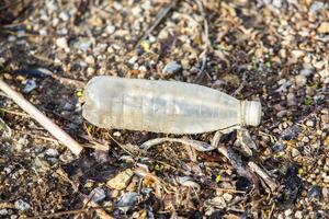 Plastique bouteille sur le rive de le lac. environnement pollution. Plastique déchets sur le plage. photo