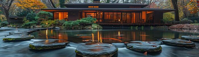 ai généré tranquille Japonais koi étang jardin avec faire un pas des pierres et traditionnel thé maison. photo