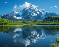 ai généré une enneigé Montagne réfléchi dans une clair comme de l'eau de roche Lac photo