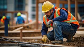 ai généré une homme dans un Orange sécurité gilet et difficile chapeau à la recherche à le construction site photo