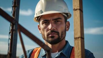 ai généré une homme dans un Orange sécurité gilet et difficile chapeau à la recherche à le construction site photo