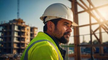 ai généré une homme dans un Orange sécurité gilet et difficile chapeau à la recherche à le construction site photo