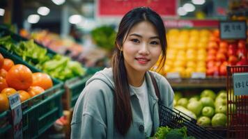 ai généré magnifique femme dans le Frais produire section de le boutique photo