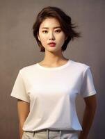 ai généré portrait de une magnifique asiatique femme dans blanc T-shirt photo