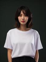 ai généré portrait de une magnifique asiatique femme dans blanc T-shirt photo