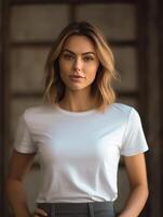 ai généré magnifique Jeune femme dans Vide blanc T-shirt. photo